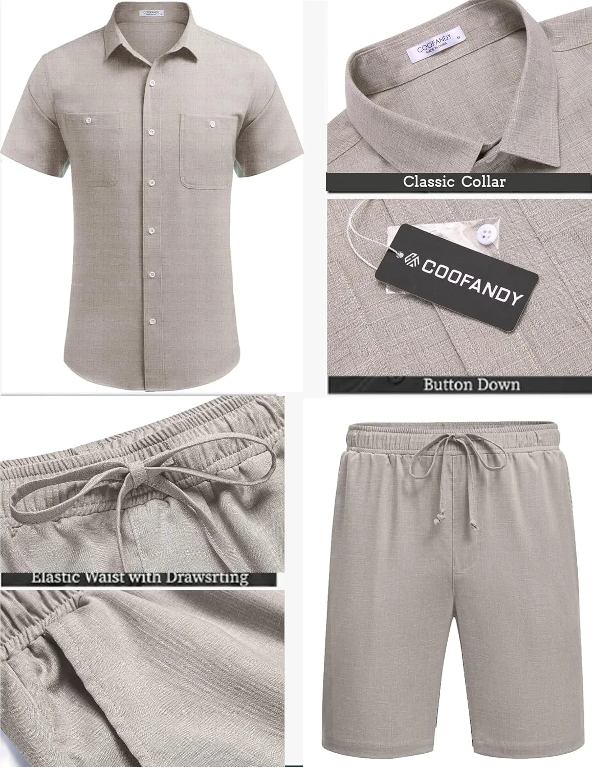 COOFANDY Men 2 Piece Linen Set Casual Beach Outfit Button Down Shirt and Short