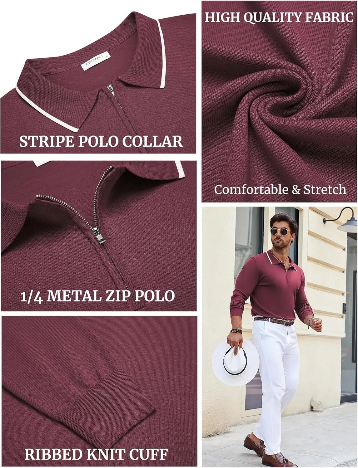 COOFANDY Men's Knit Polo Shirt Long Sleeve Quarter Zip Polo Sweater Casual Golf Shirts Vintage Striped Collar Polo