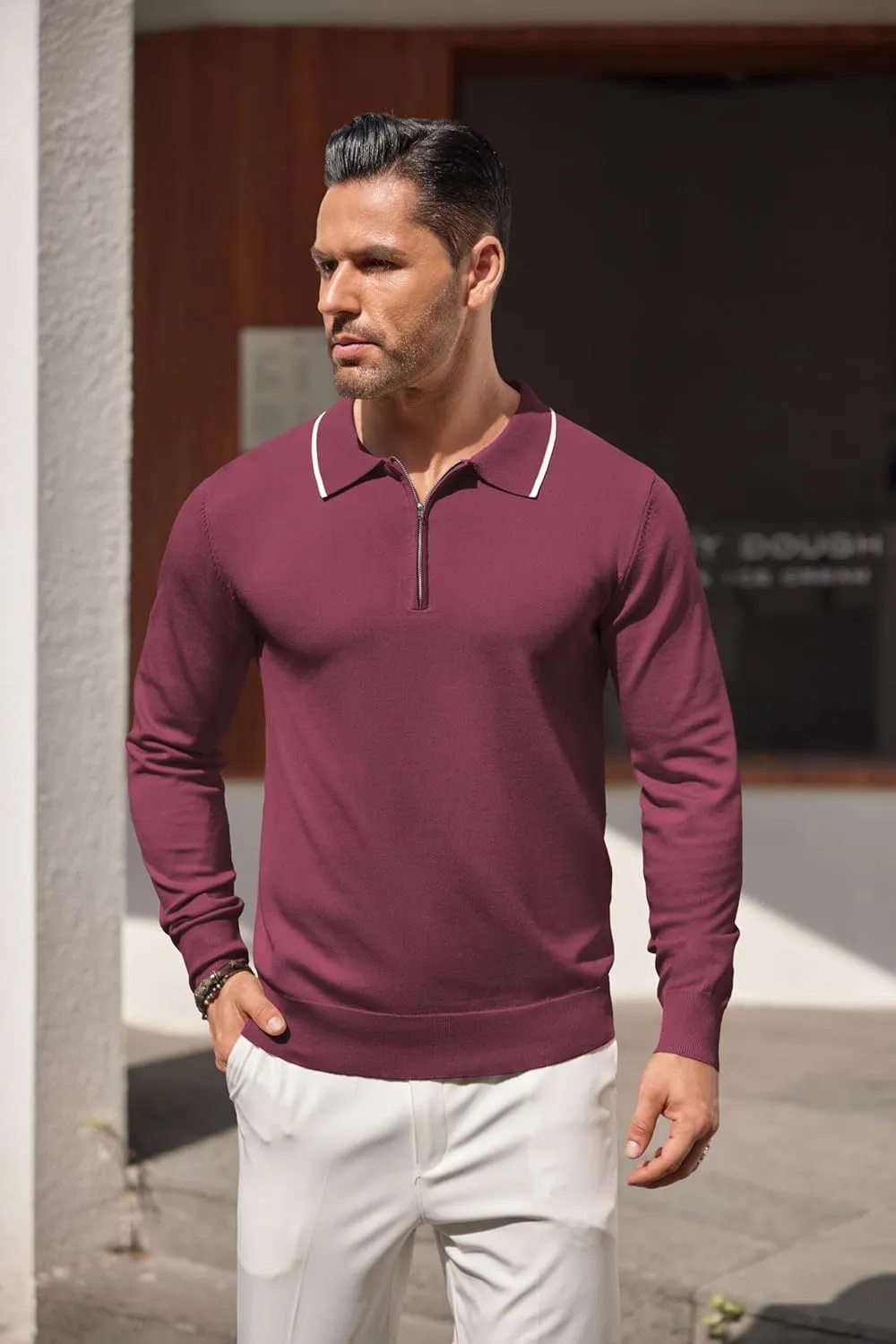 COOFANDY Men's Knit Polo Shirt Long Sleeve Quarter Zip Polo Sweater Casual Golf Shirts Vintage Striped Collar Polo