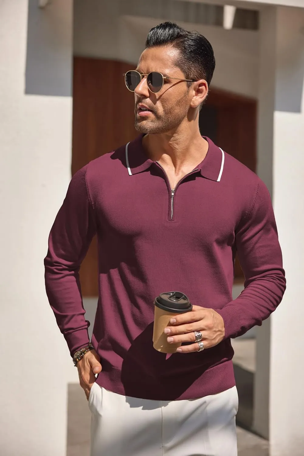 COOFANDY Men's Knit Polo Shirt Long Sleeve Quarter Zip Polo Sweater Casual Golf Shirts Vintage Striped Collar Polo