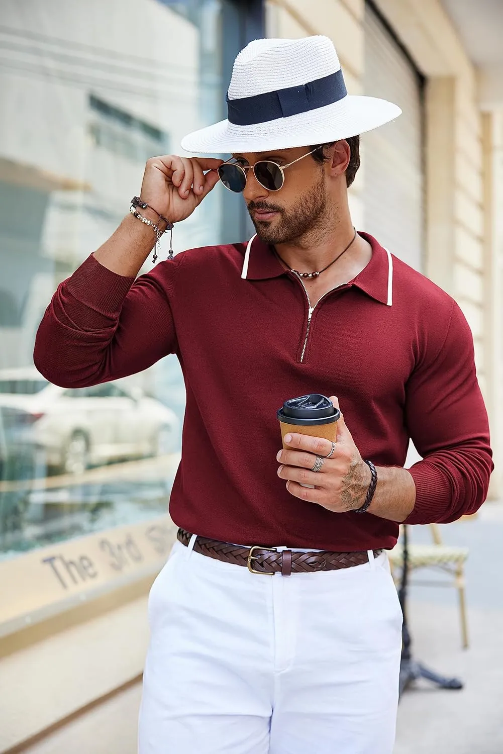 COOFANDY Men's Knit Polo Shirt Long Sleeve Quarter Zip Polo Sweater Casual Golf Shirts Vintage Striped Collar Polo