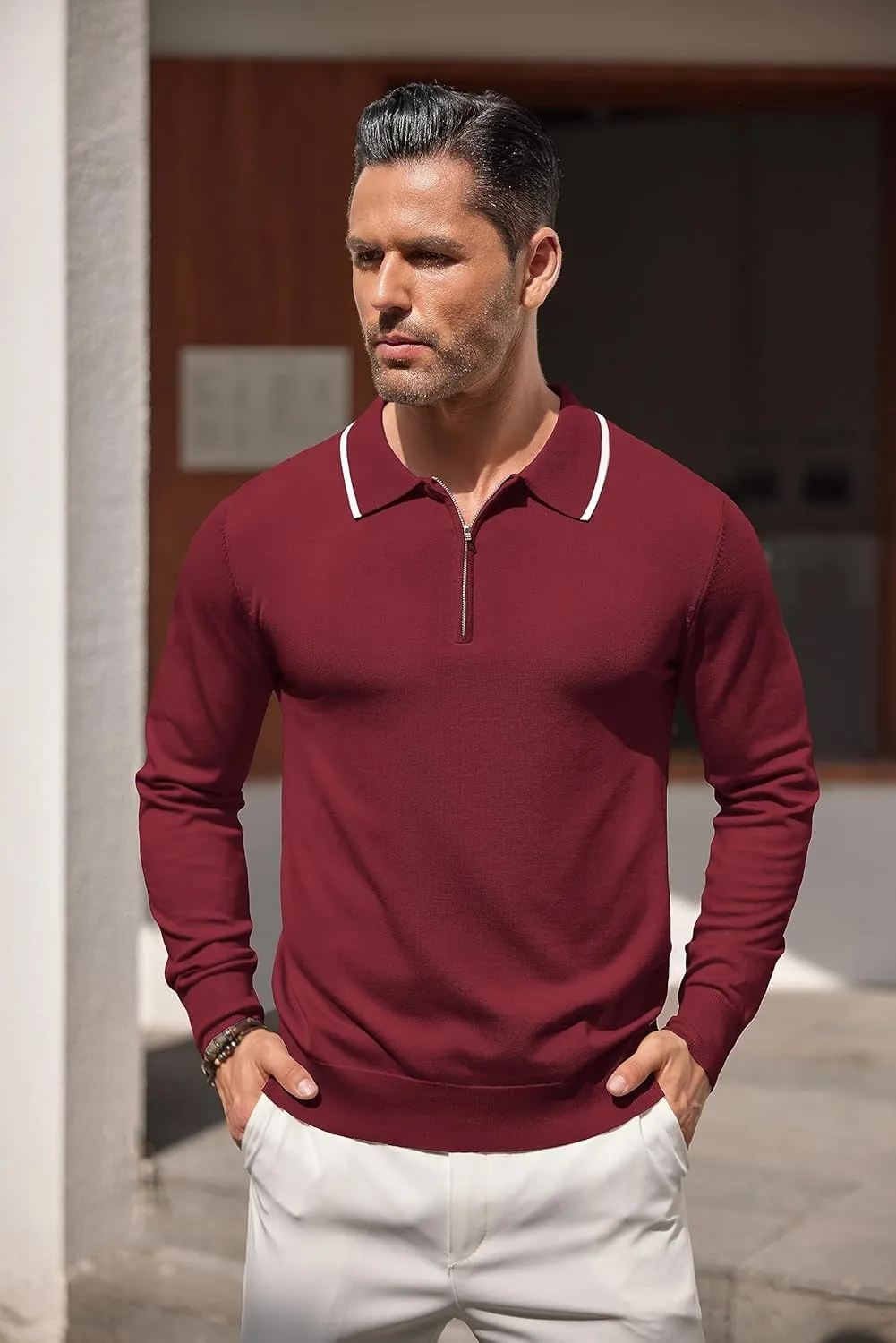 COOFANDY Men's Knit Polo Shirt Long Sleeve Quarter Zip Polo Sweater Casual Golf Shirts Vintage Striped Collar Polo