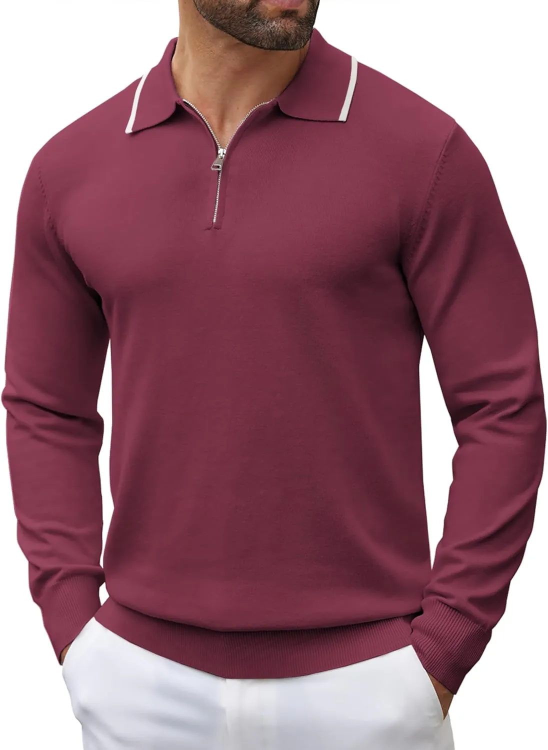 COOFANDY Men's Knit Polo Shirt Long Sleeve Quarter Zip Polo Sweater Casual Golf Shirts Vintage Striped Collar Polo