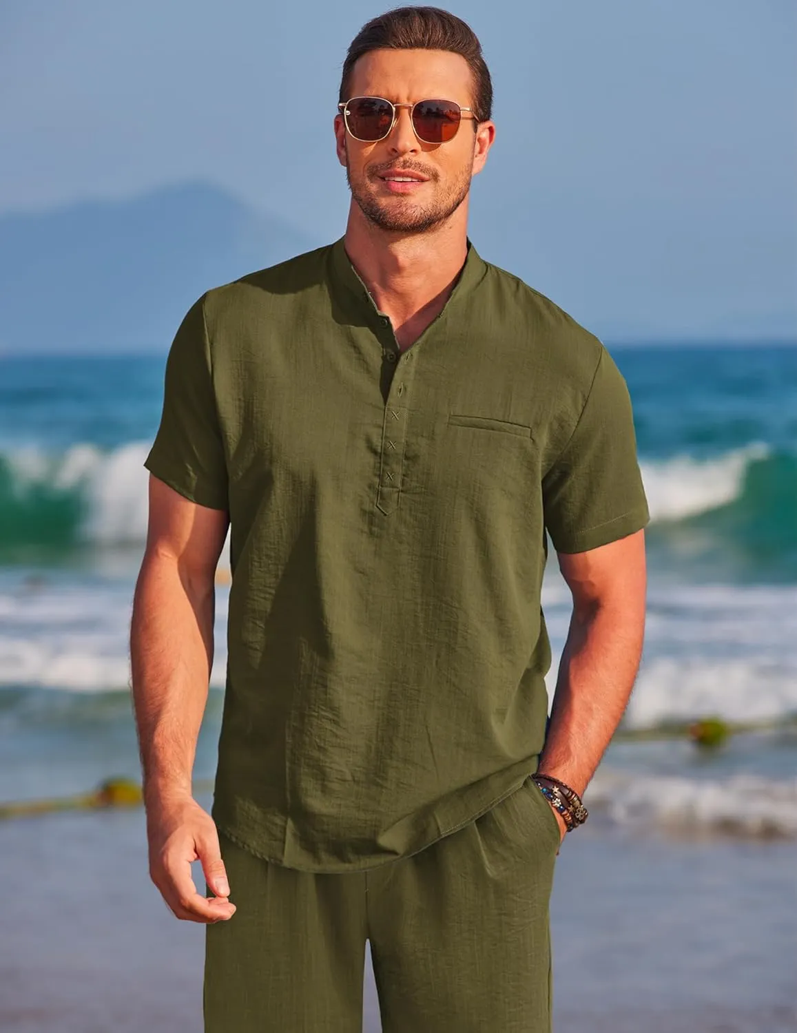 COOFANDY Men's Linen Sets 2 Piece Outfits Short Sleeve Henley Shirts and Shorts Summer Beach Yoga Pants Set