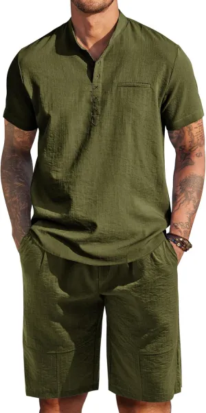 COOFANDY Men's Linen Sets 2 Piece Outfits Short Sleeve Henley Shirts and Shorts Summer Beach Yoga Pants Set
