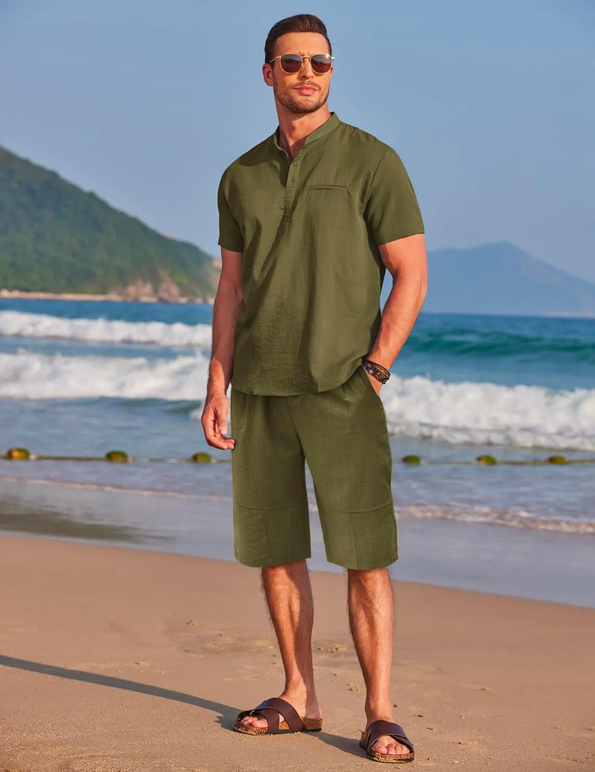 COOFANDY Men's Linen Sets 2 Piece Outfits Short Sleeve Henley Shirts and Shorts Summer Beach Yoga Pants Set