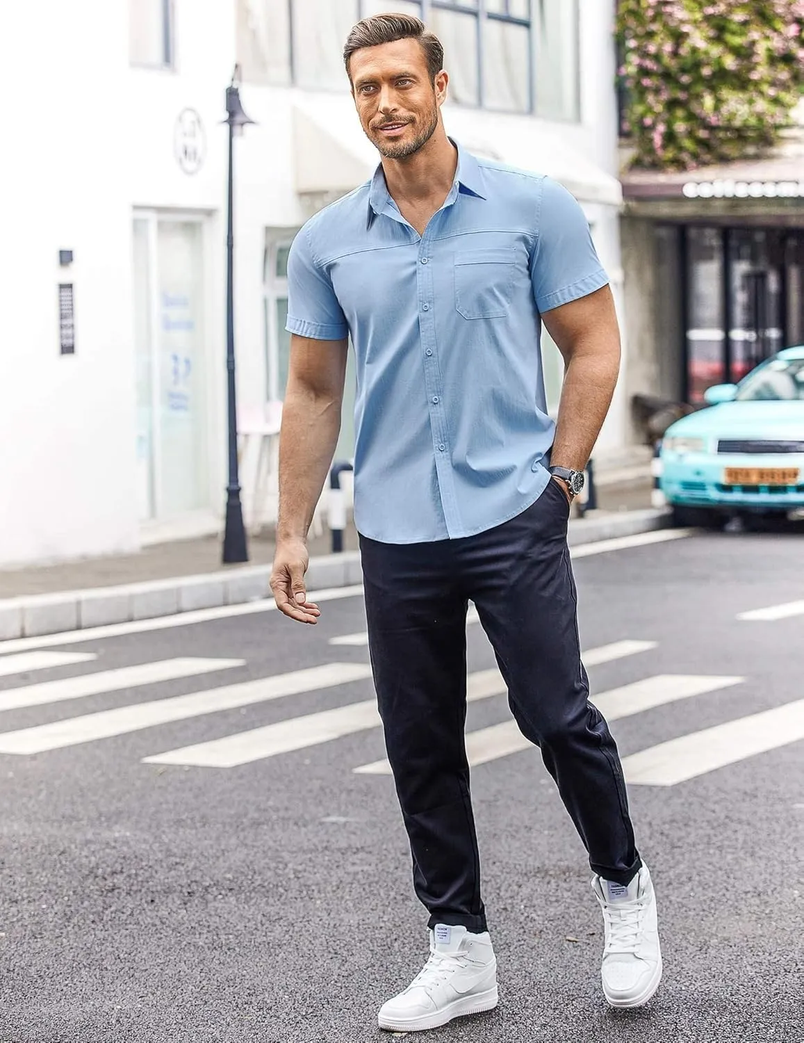 COOFANDY Men's Muscle Fit Dress Shirts Short Sleeve Cotton Casual Button Down Shirt with Pocket