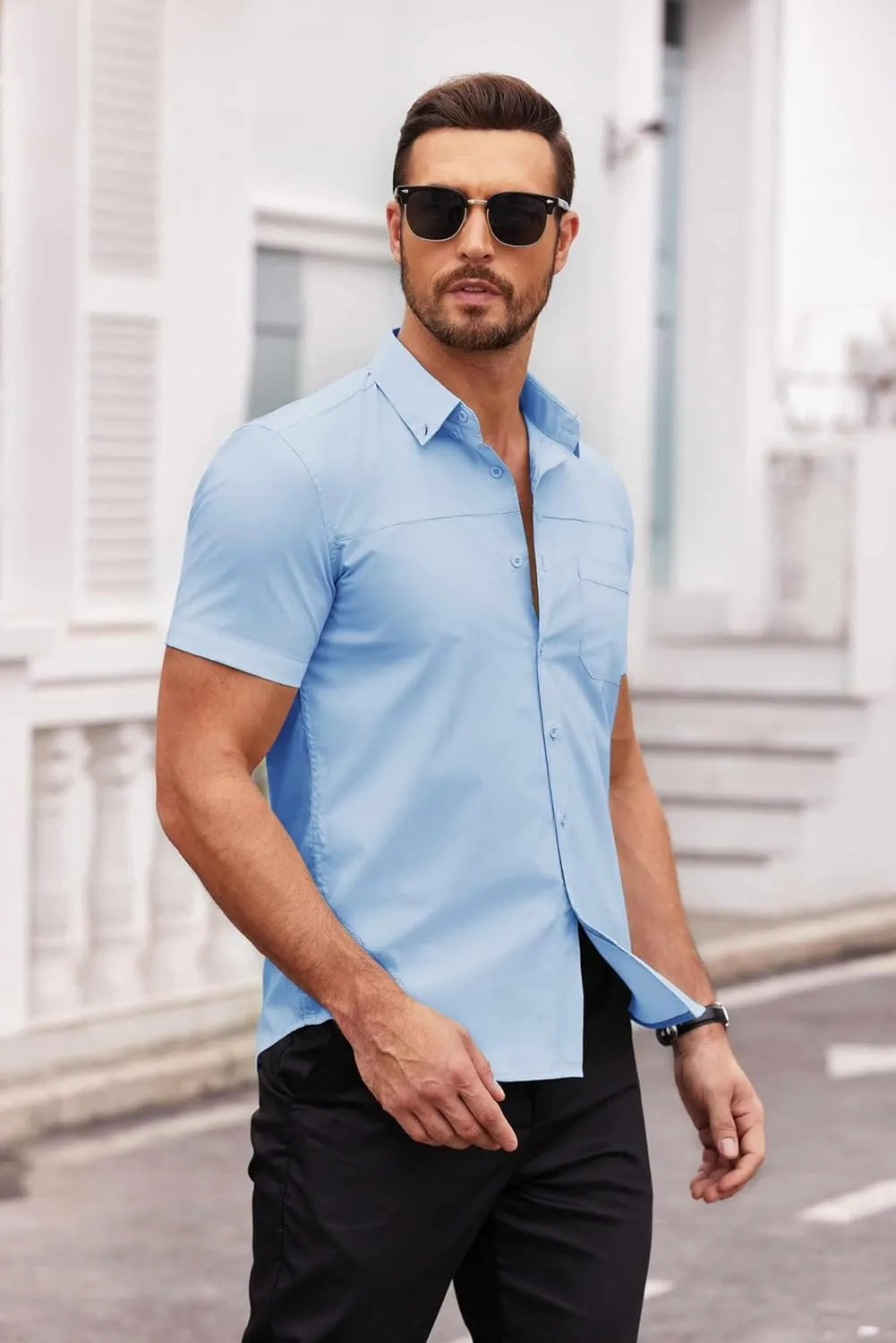 COOFANDY Men's Muscle Fit Dress Shirts Short Sleeve Cotton Casual Button Down Shirt with Pocket