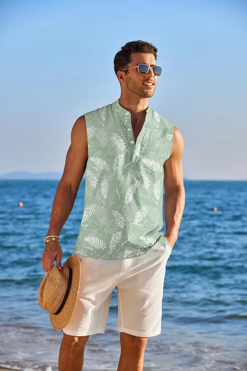 COOFANDY Sleeveless Beach Shirts for Men Summer Tank Shirts Casual Henley Tank Top