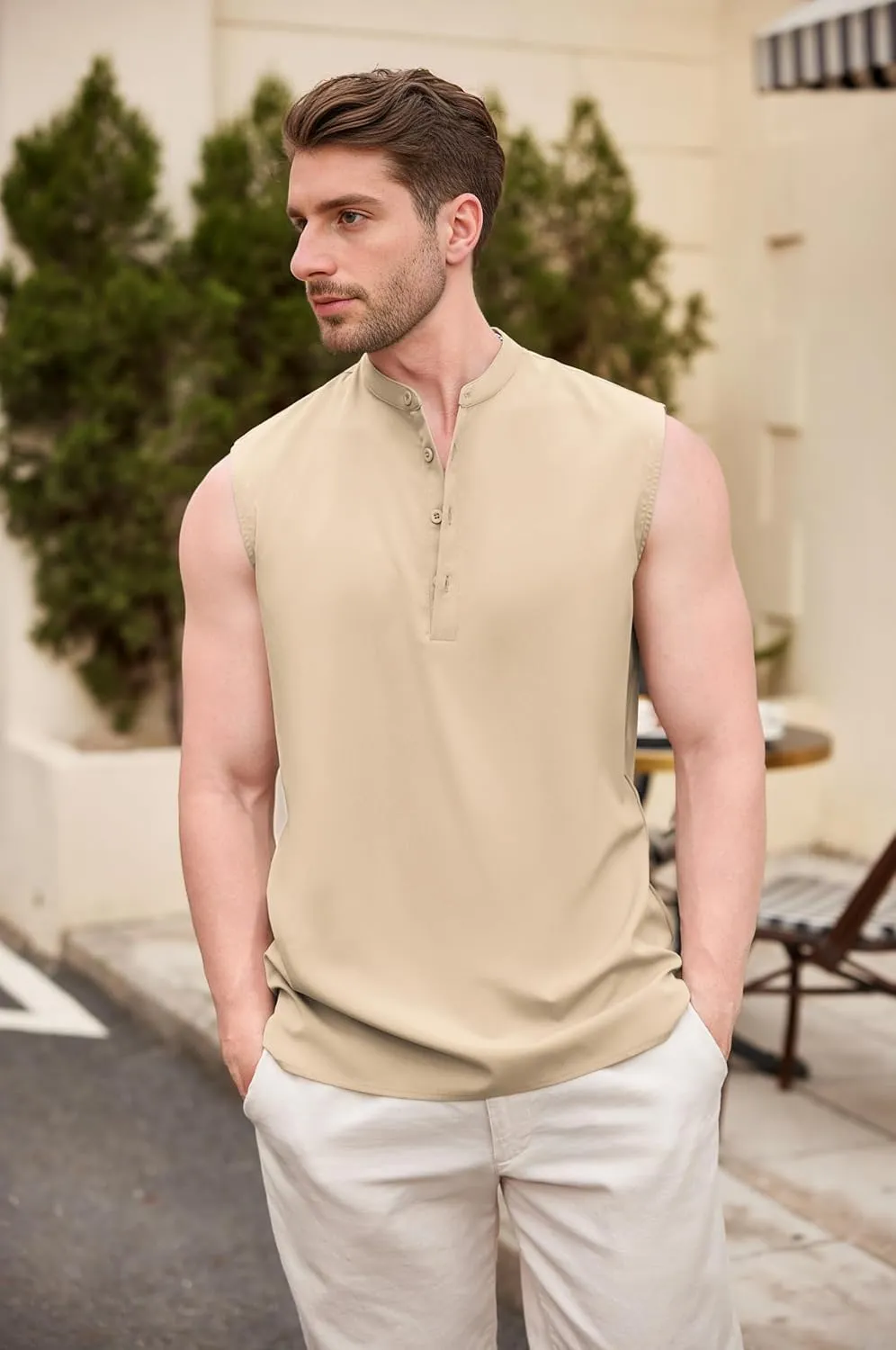 COOFANDY Sleeveless Beach Shirts for Men Summer Tank Shirts Casual Henley Tank Top