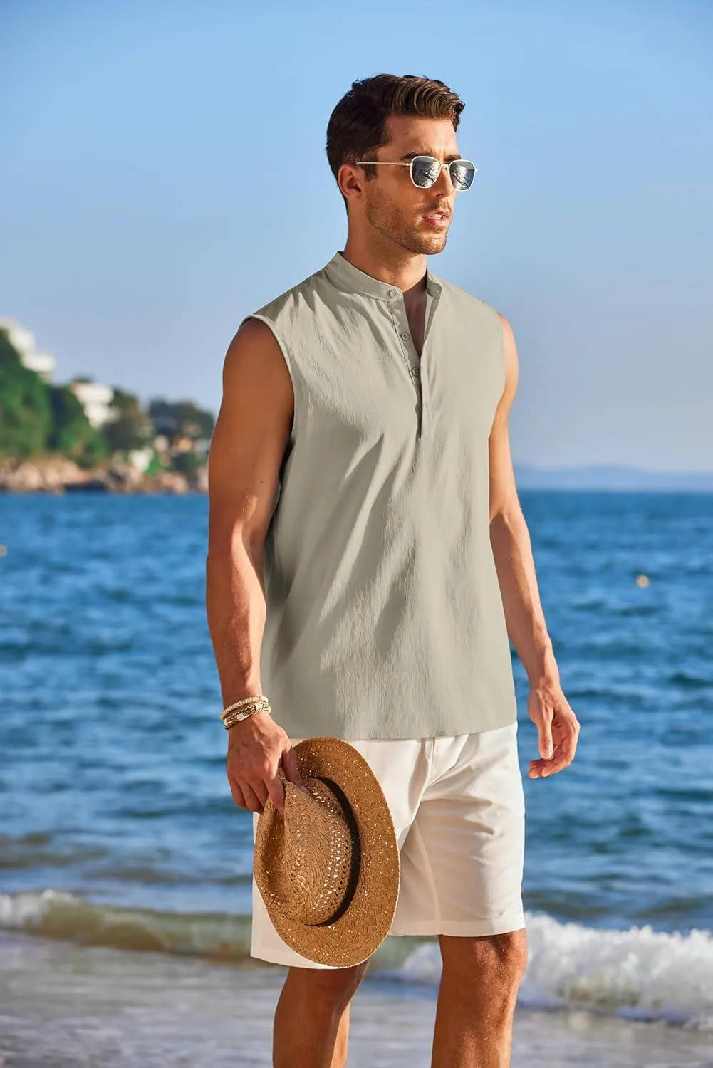 COOFANDY Sleeveless Beach Shirts for Men Summer Tank Shirts Casual Henley Tank Top