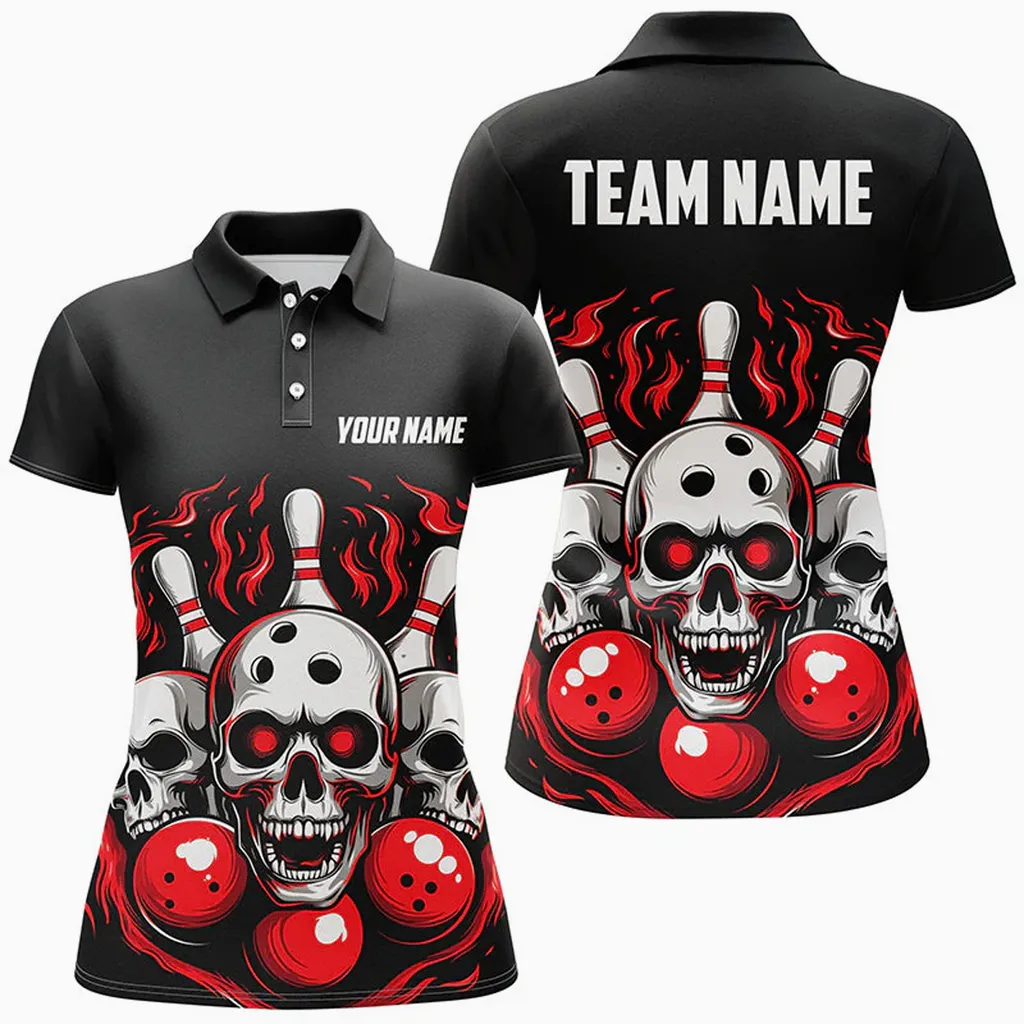 Coolspod Bowling Ball And Pins Flame Skull Multicolor Option Customized Name 3D Shirt For Women