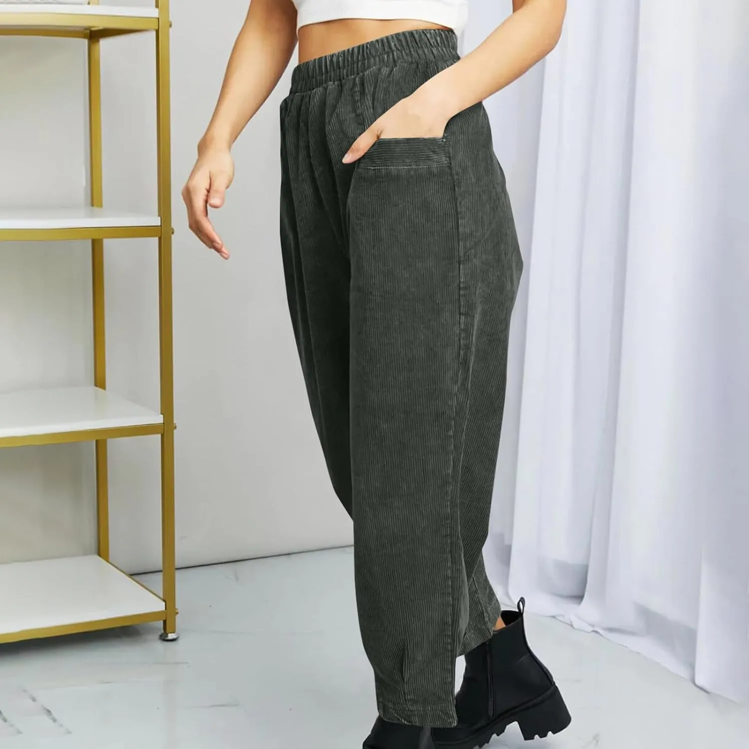 Corduroy Pants for Women High Waisted Trousers 2024 Trendy Fall Business Casual Pants with Pockets Elastic Pants