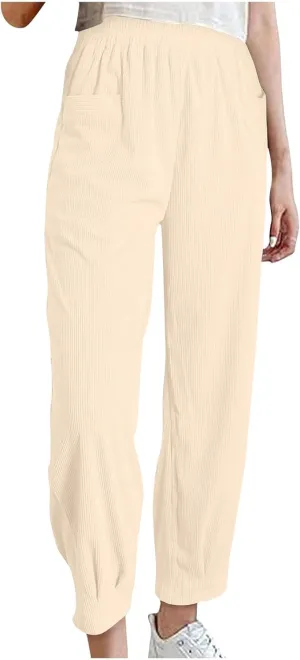 Corduroy Pants for Women High Waisted Trousers 2024 Trendy Fall Business Casual Pants with Pockets Elastic Pants