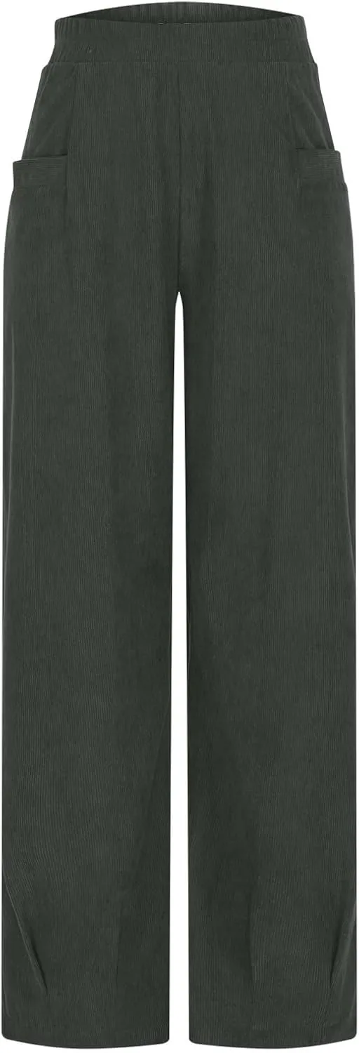 Corduroy Pants for Women High Waisted Trousers 2024 Trendy Fall Business Casual Pants with Pockets Elastic Pants
