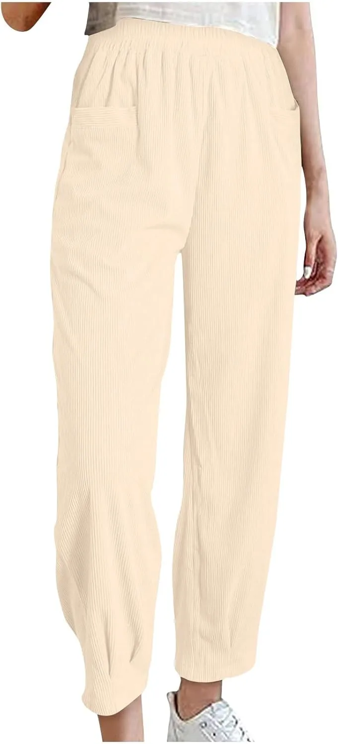 Corduroy Pants for Women High Waisted Trousers 2024 Trendy Fall Business Casual Pants with Pockets Elastic Pants
