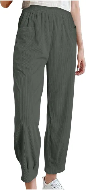 Corduroy Pants for Women High Waisted Trousers 2024 Trendy Fall Business Casual Pants with Pockets Elastic Pants