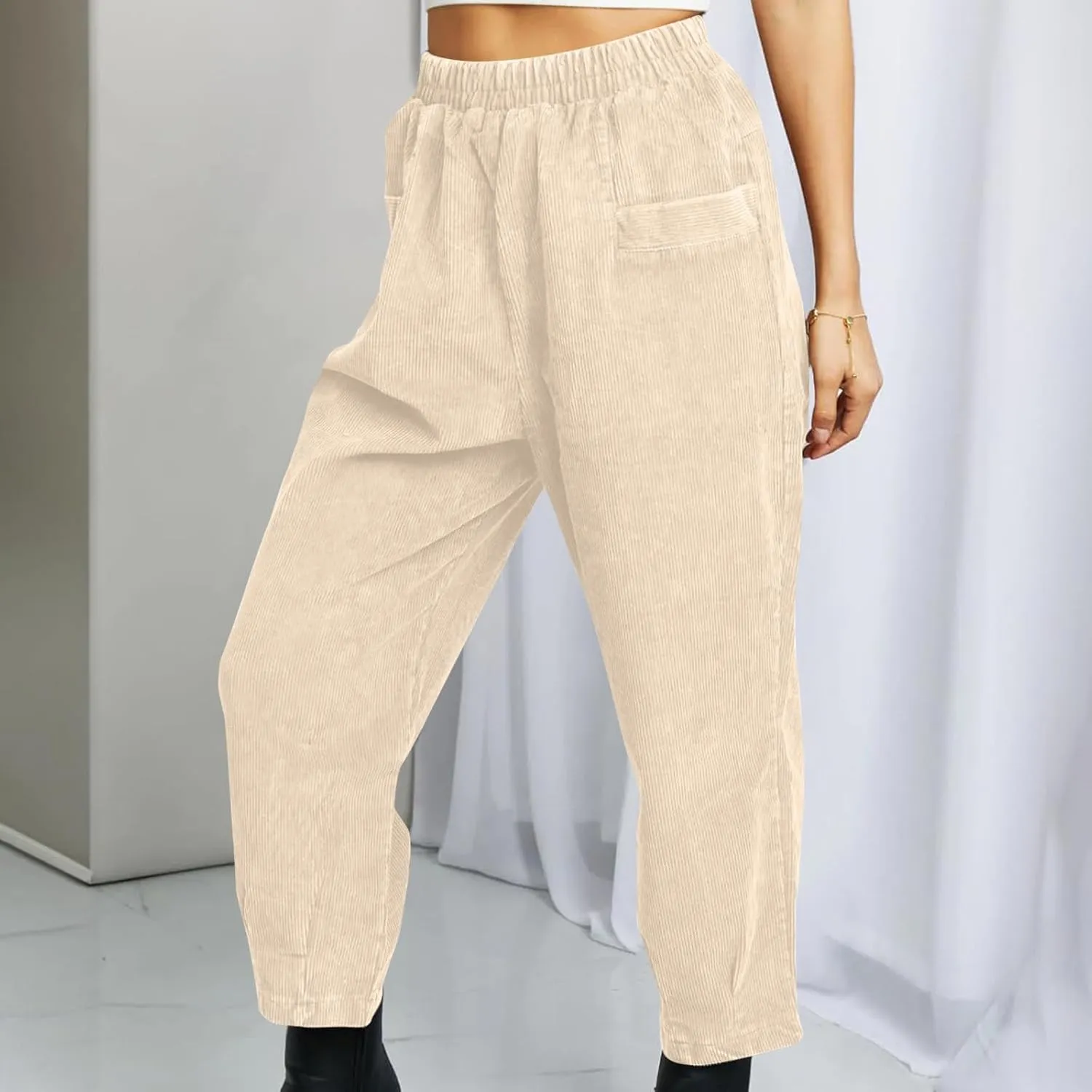 Corduroy Pants for Women High Waisted Trousers 2024 Trendy Fall Business Casual Pants with Pockets Elastic Pants