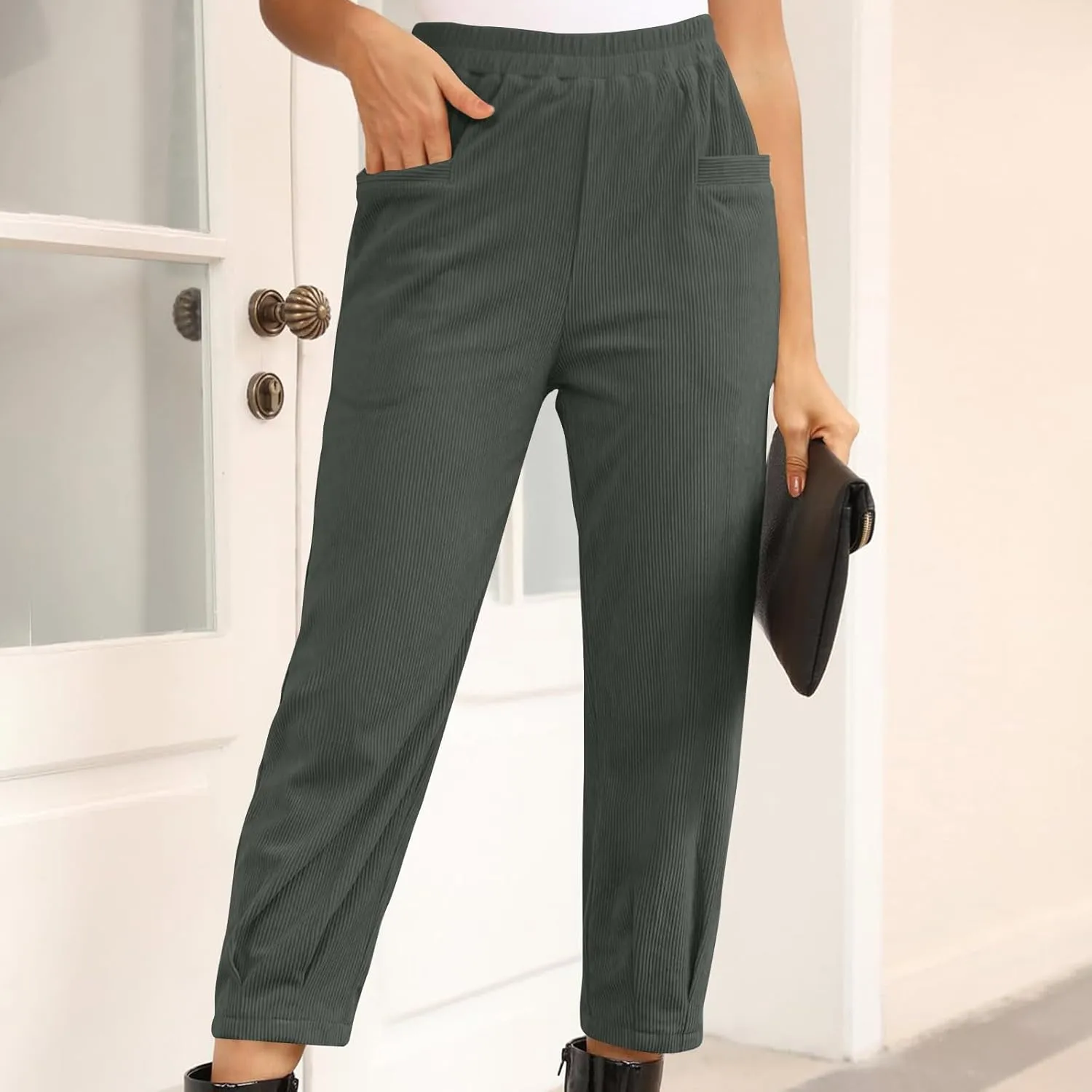 Corduroy Pants for Women High Waisted Trousers 2024 Trendy Fall Business Casual Pants with Pockets Elastic Pants