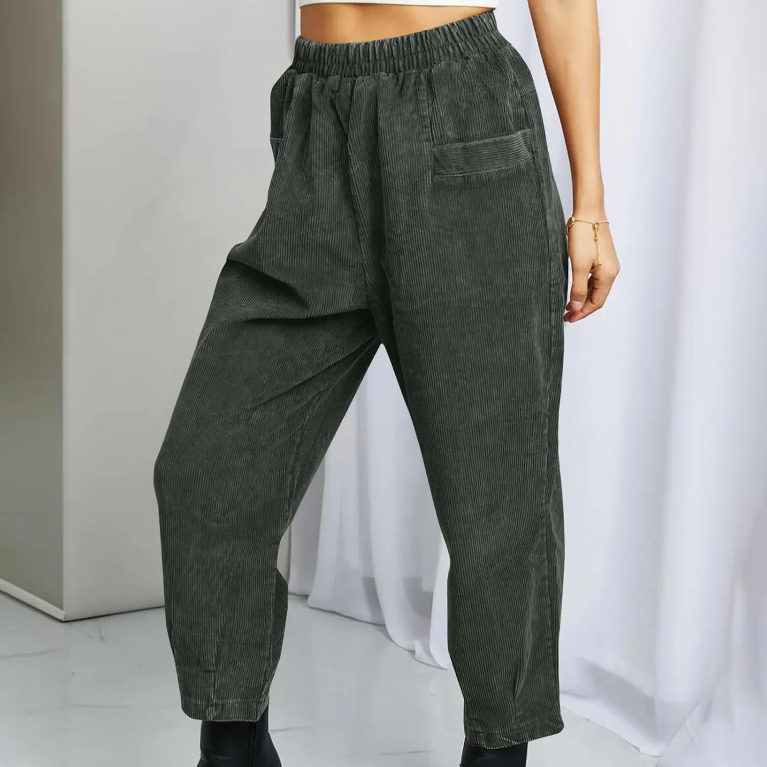 Corduroy Pants for Women High Waisted Trousers 2024 Trendy Fall Business Casual Pants with Pockets Elastic Pants