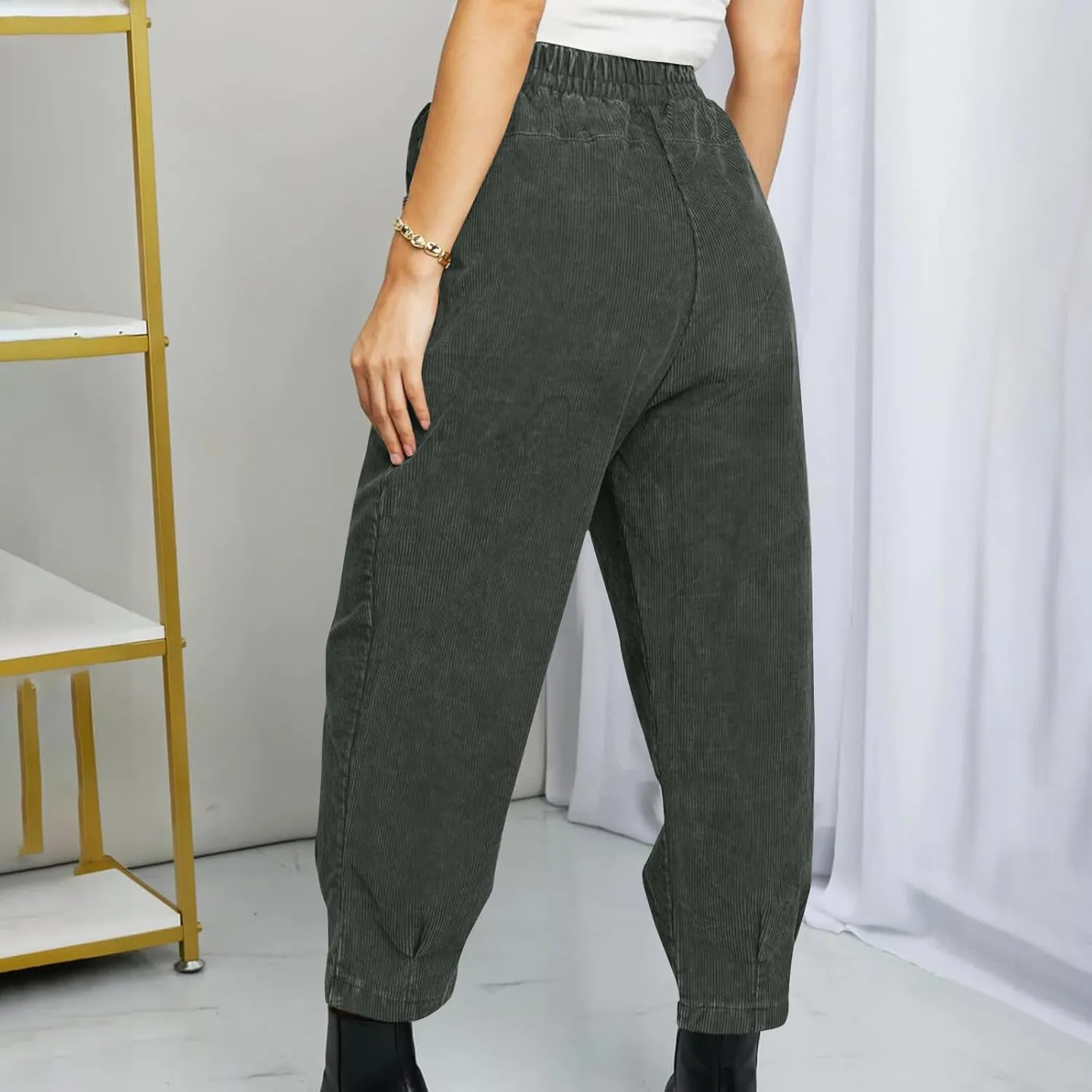 Corduroy Pants for Women High Waisted Trousers 2024 Trendy Fall Business Casual Pants with Pockets Elastic Pants