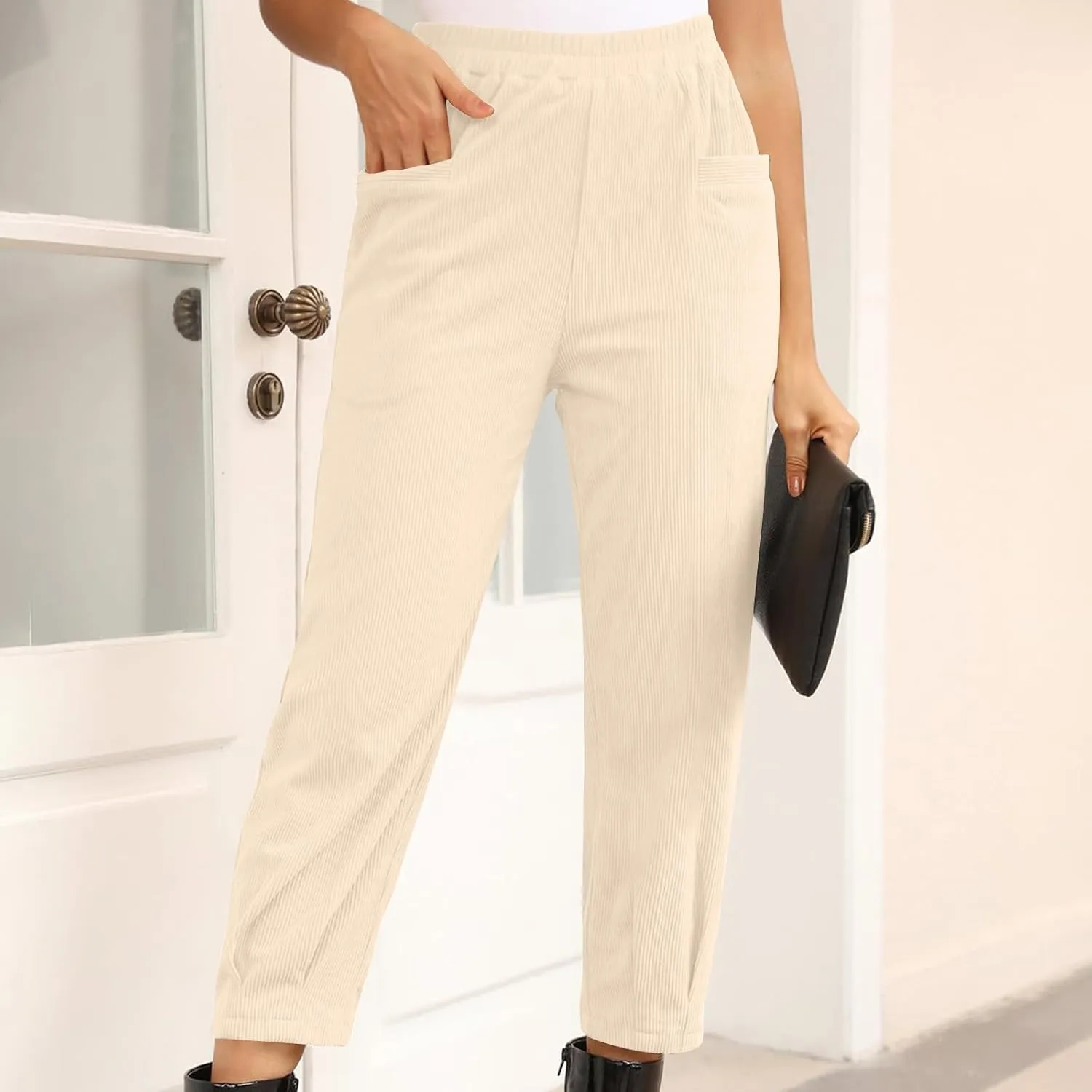 Corduroy Pants for Women High Waisted Trousers 2024 Trendy Fall Business Casual Pants with Pockets Elastic Pants