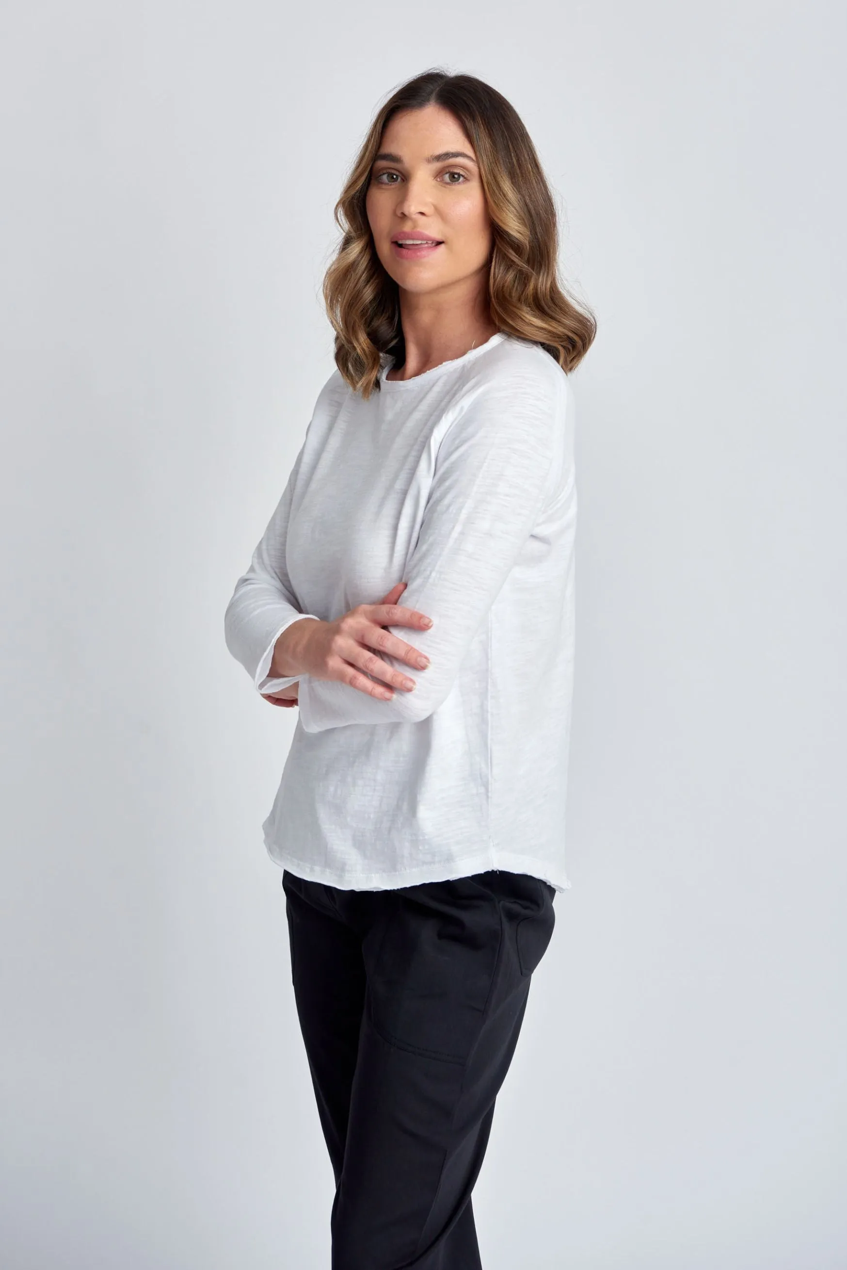 Cotton 3/4 Sleeve Crew Neck Tee White