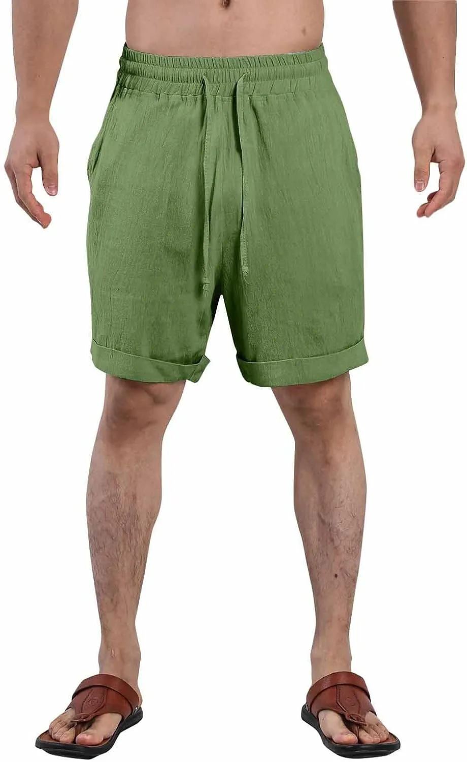 Cotton Linen Shorts for Men Knee Length Lightweight Breathable Elastic Waist Drawstring Casual Lounge Shorts