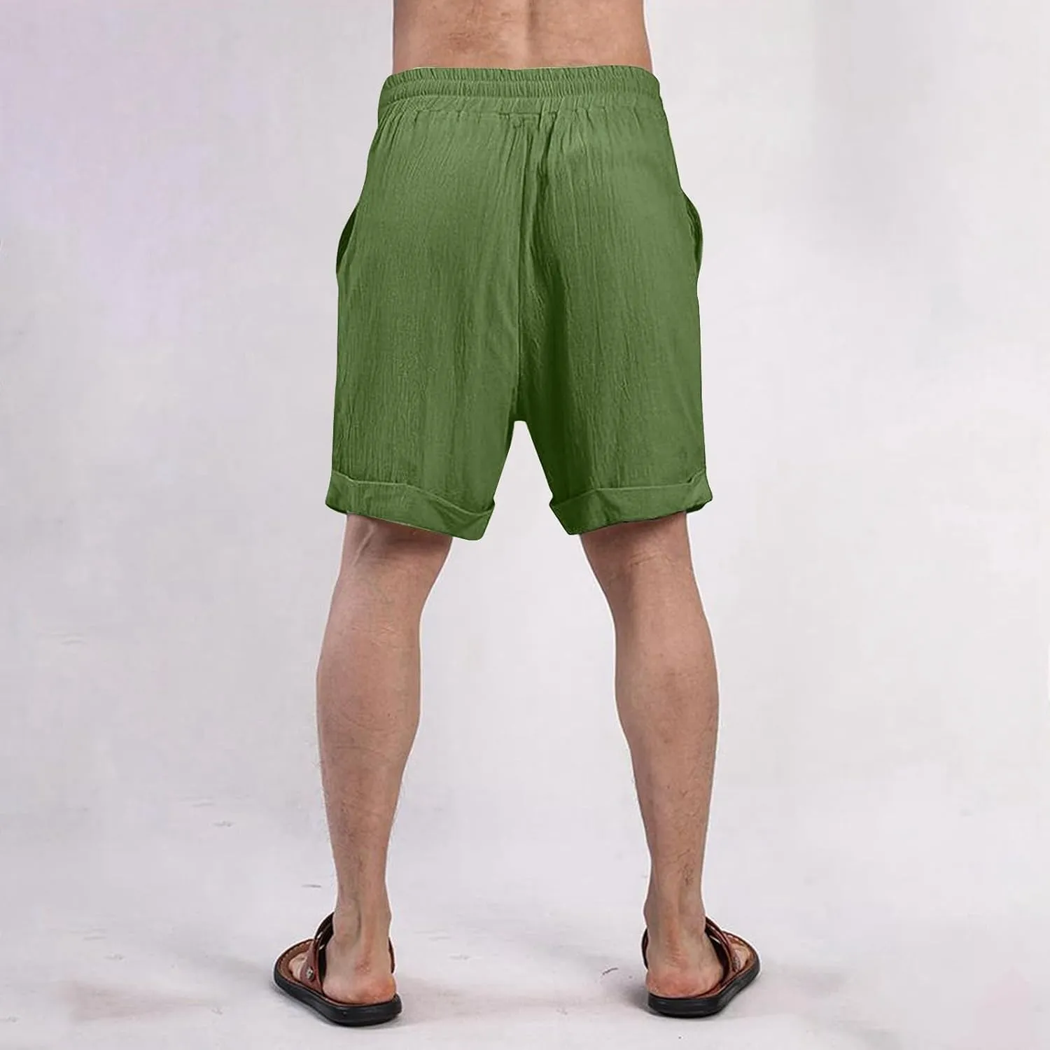 Cotton Linen Shorts for Men Knee Length Lightweight Breathable Elastic Waist Drawstring Casual Lounge Shorts