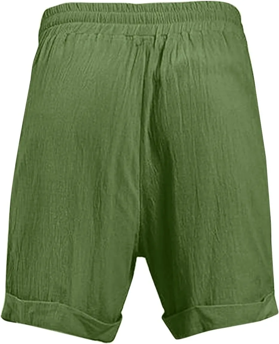 Cotton Linen Shorts for Men Knee Length Lightweight Breathable Elastic Waist Drawstring Casual Lounge Shorts