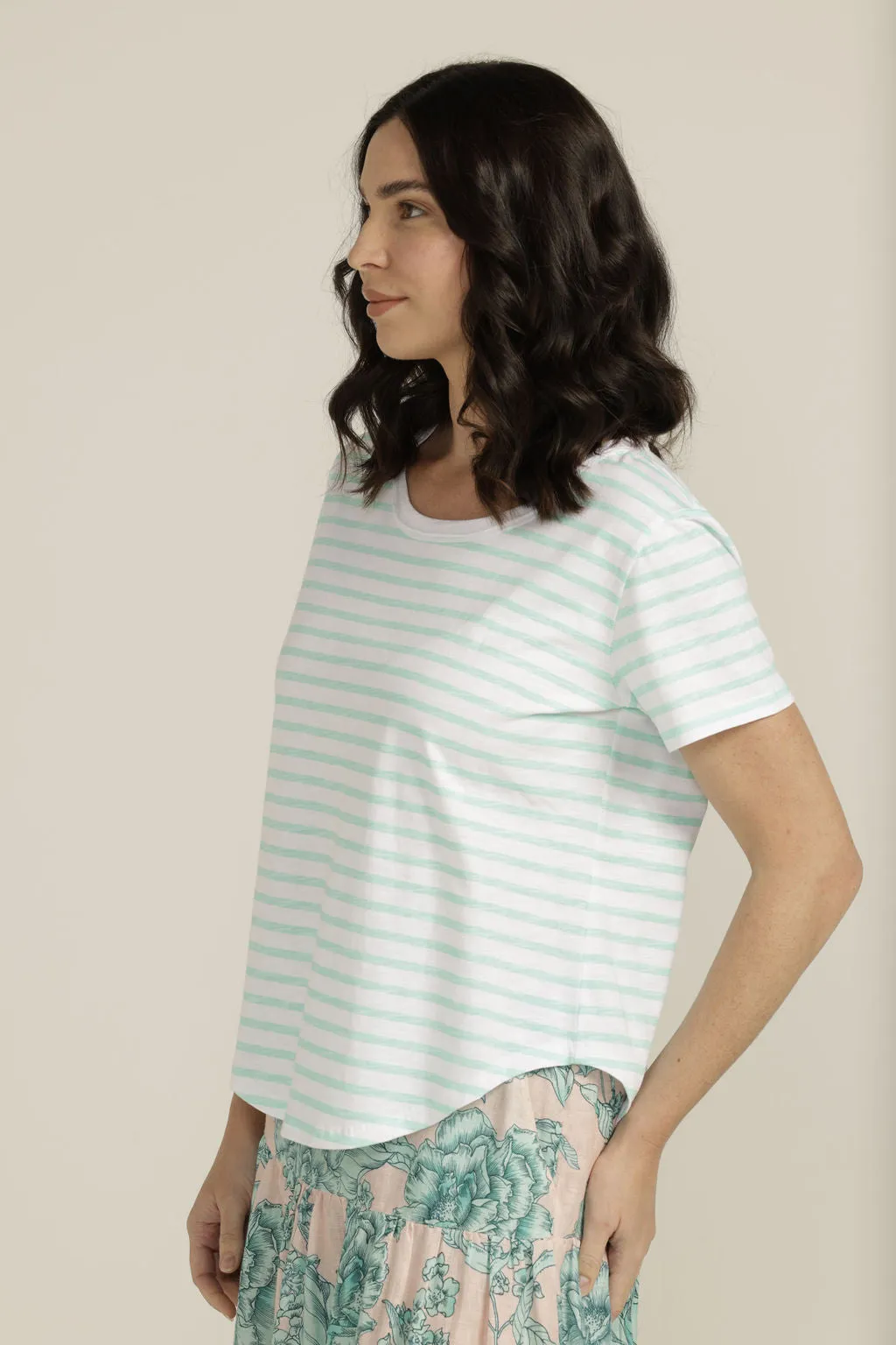 Cotton Slub Striped Crew Neck Tee White/Aqua