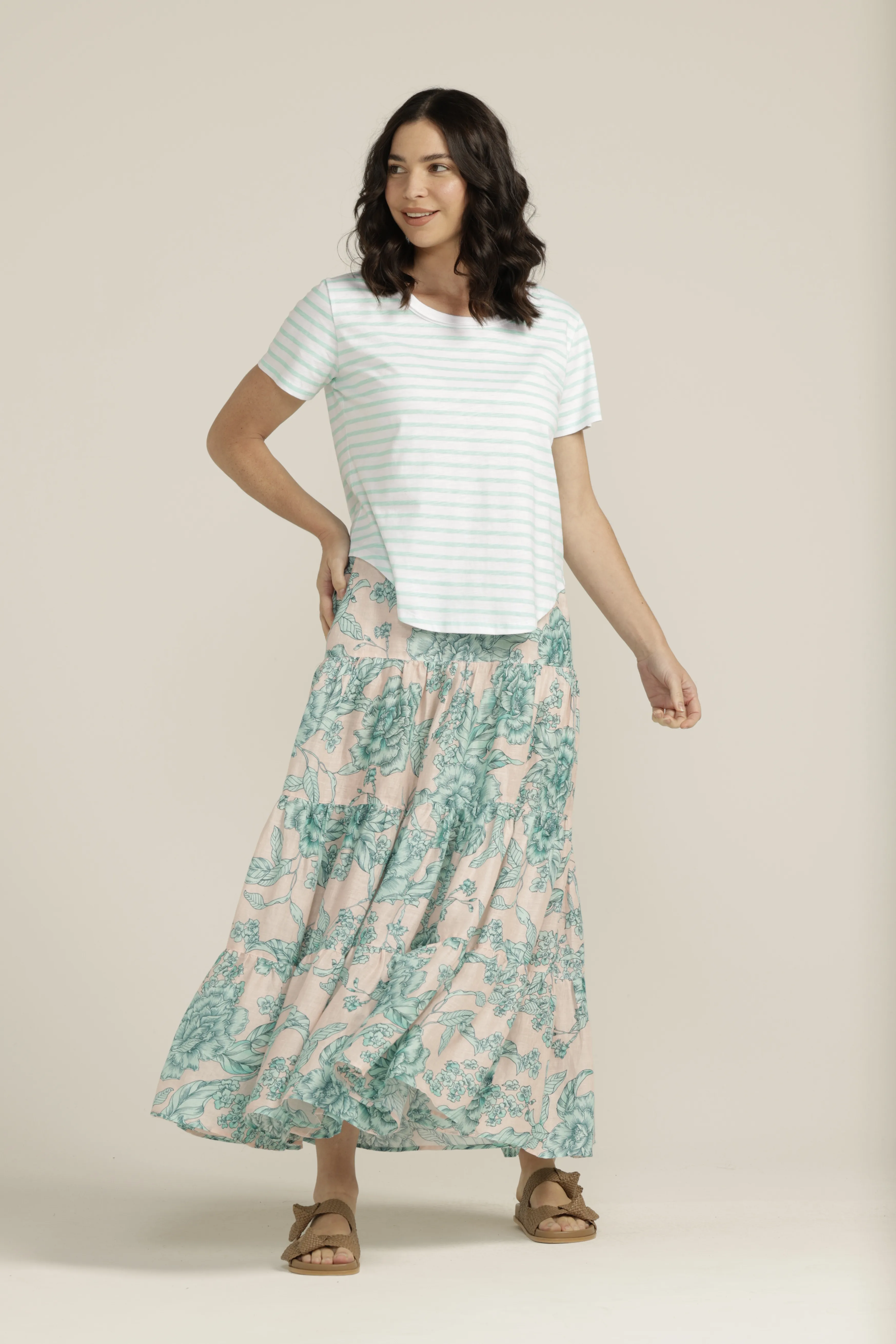 Cotton Slub Striped Crew Neck Tee White/Aqua