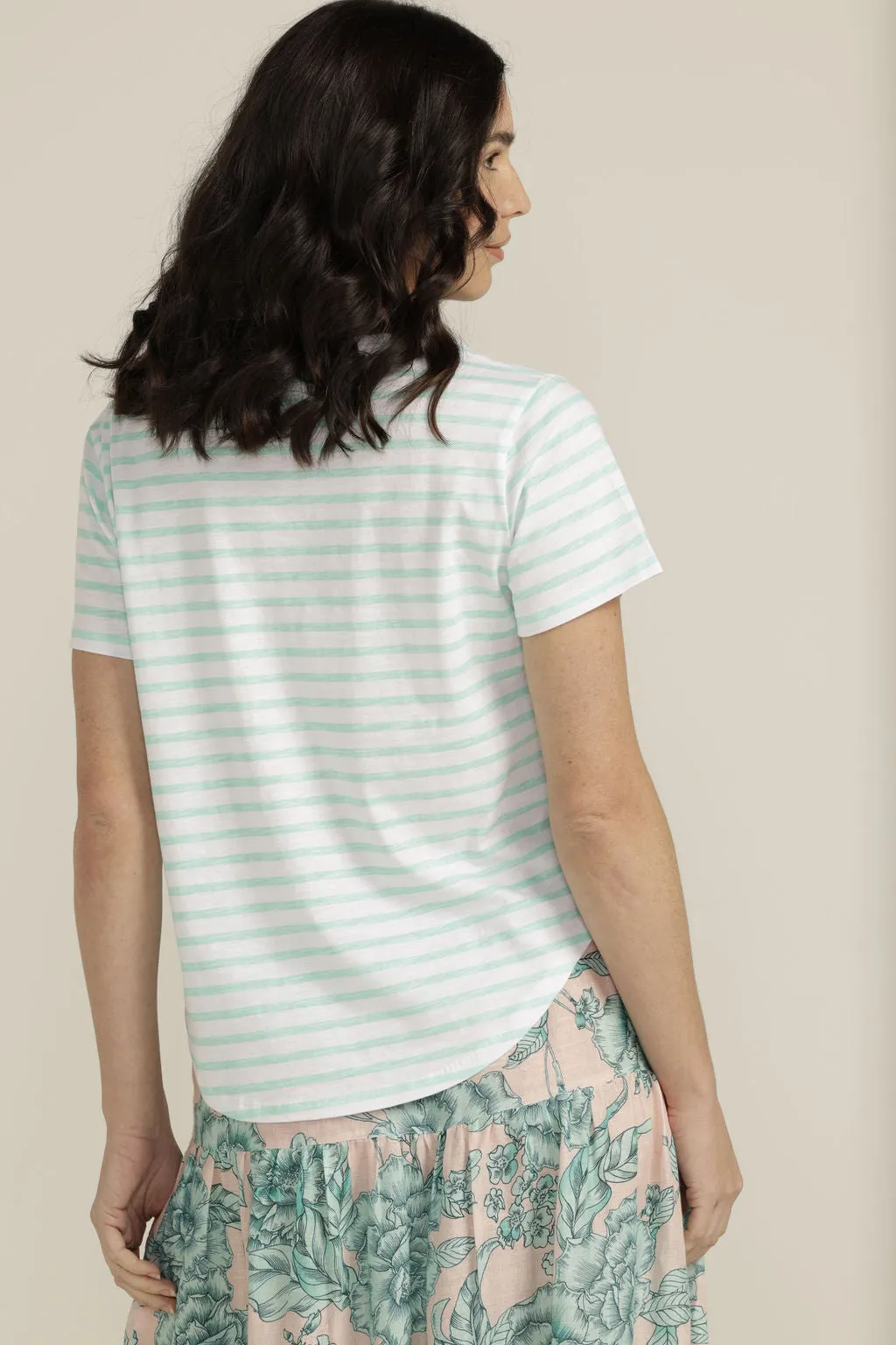 Cotton Slub Striped Crew Neck Tee White/Aqua