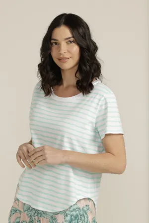 Cotton Slub Striped Crew Neck Tee White/Aqua