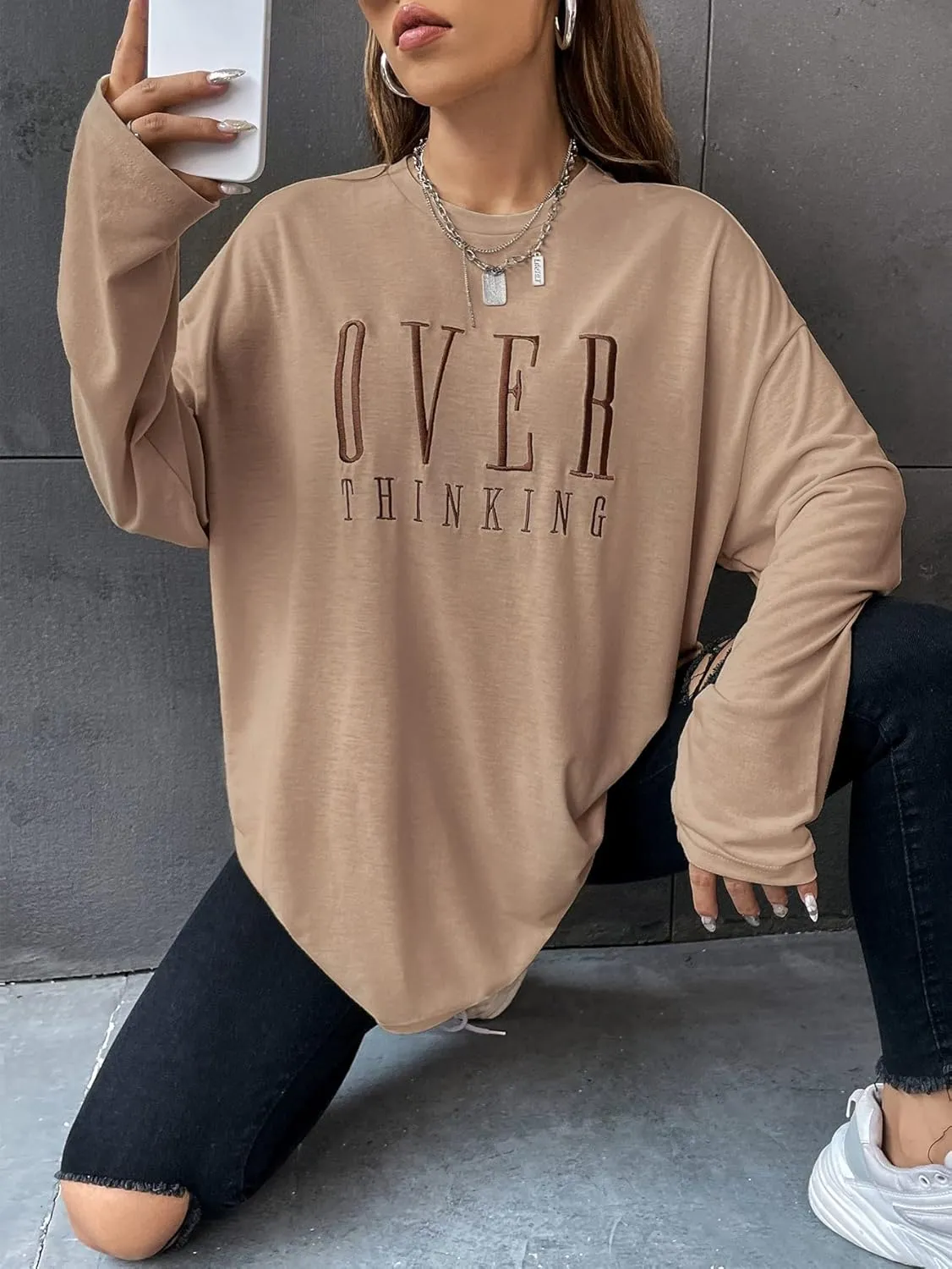 COZYEASE Women's Graphic Long Sleeve T Shirt Tops Round Neck Casual Vintage Oversized Graphic Tee Shirts