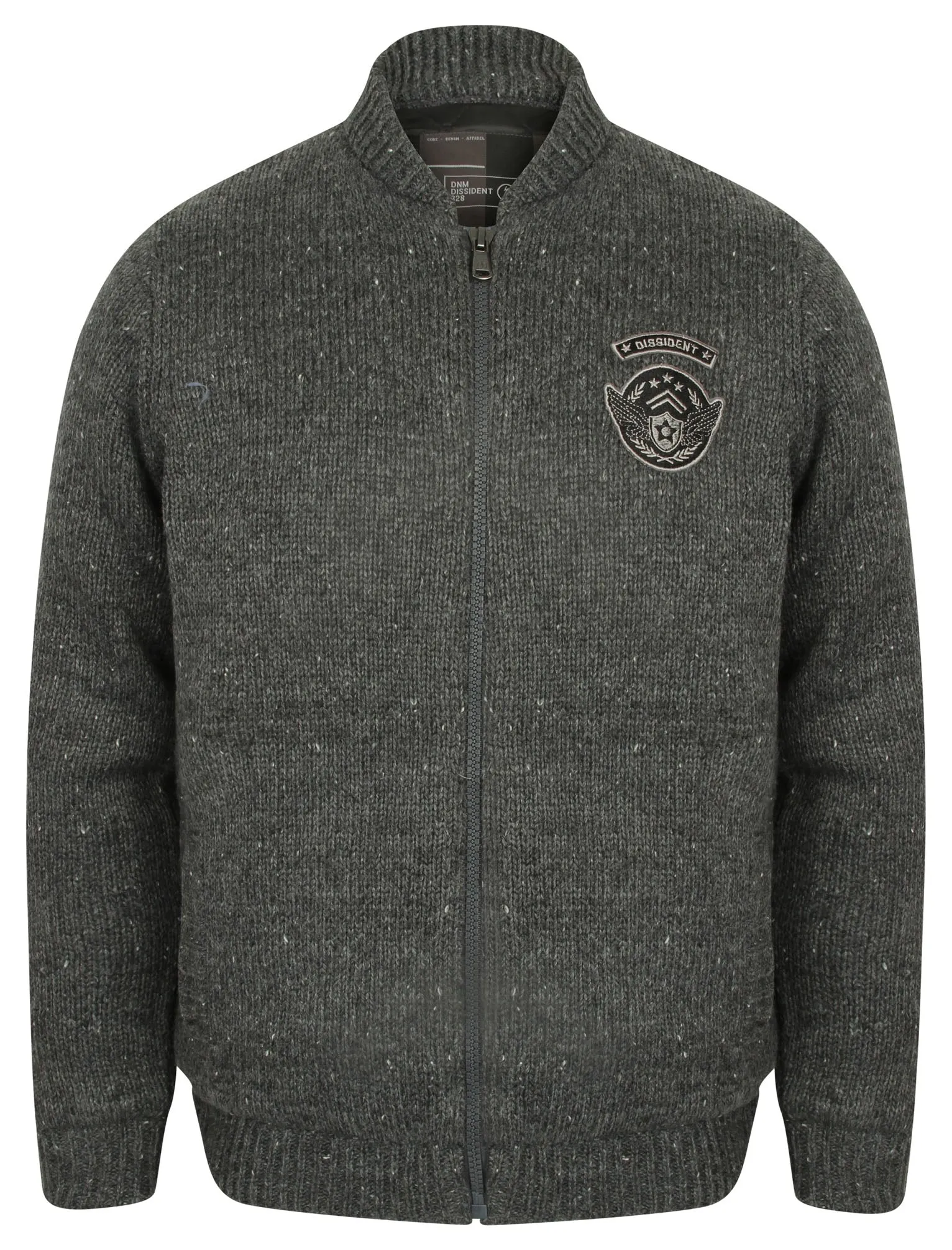 Cromford Knitted Bomber Jacket with Military Badges in Charcoal Nep - Dissident