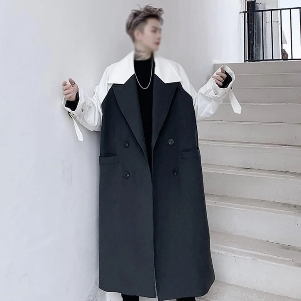 CSCDD Menswear Color Block Spliced Trench Coat Loose Lapel Breasted Oversized Windbreaker Fashion Chic Long Coats