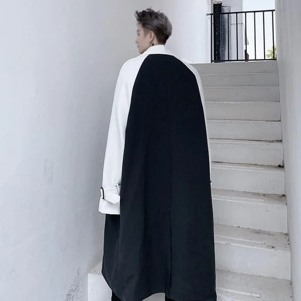 CSCDD Menswear Color Block Spliced Trench Coat Loose Lapel Breasted Oversized Windbreaker Fashion Chic Long Coats