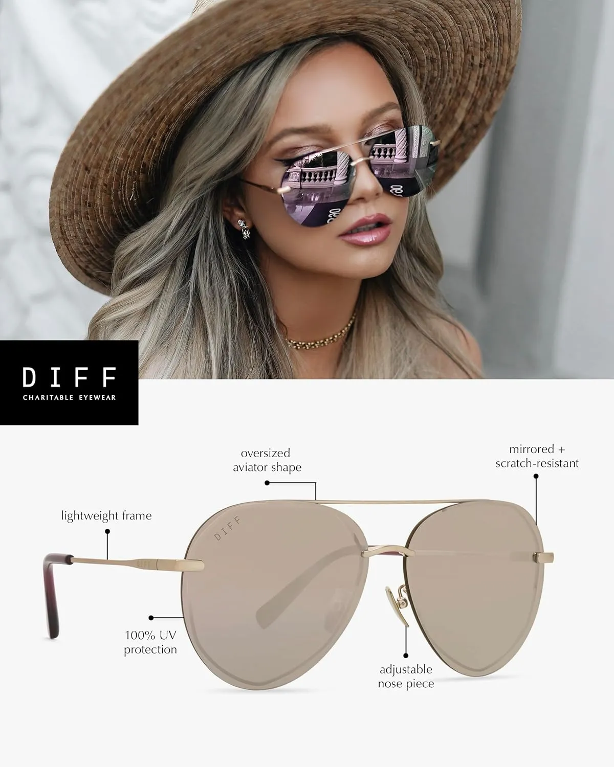 DIFF Lenox Oversized Aviator Sunglasses for Women UV400 Protection, Designer Lightweight Gold Stainless Steel Frames