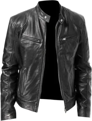 DuDubaby Men Vintage Cool Jacket Leather Long Sleeve Autumn Winter Stand Collar Club Coat
