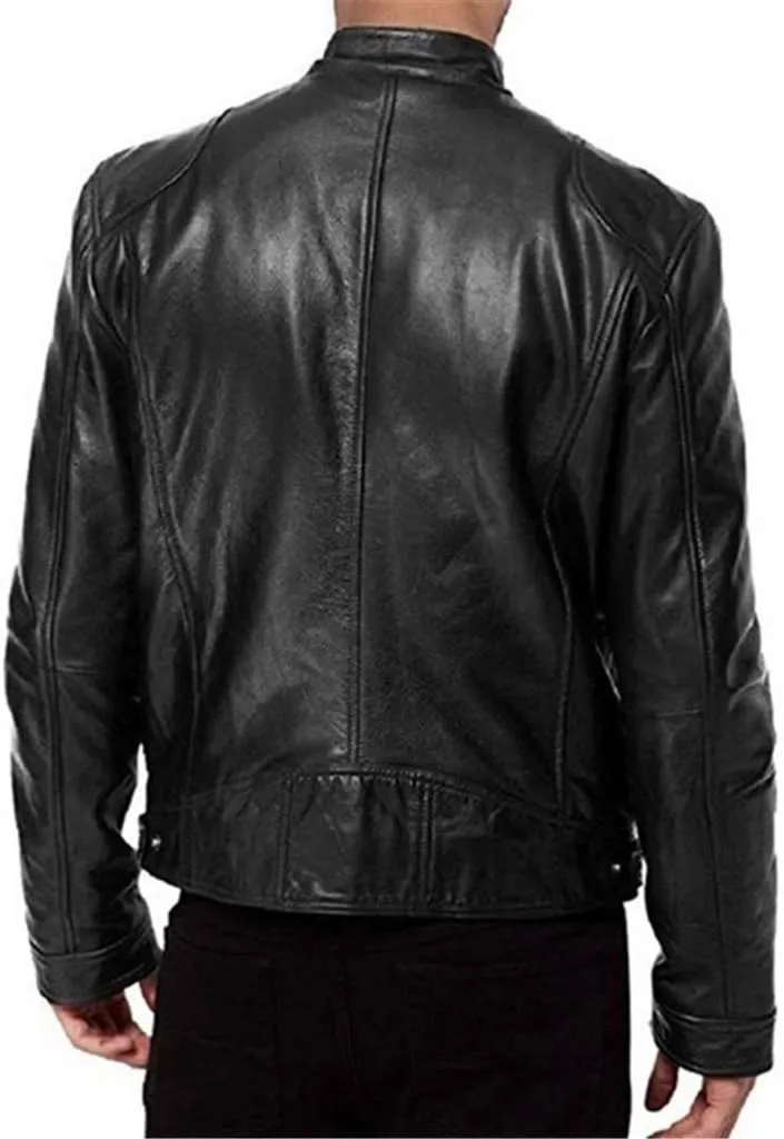 DuDubaby Men Vintage Cool Jacket Leather Long Sleeve Autumn Winter Stand Collar Club Coat