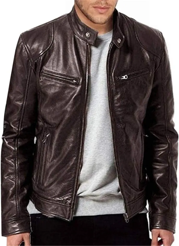 DuDubaby Men Vintage Cool Jacket Leather Long Sleeve Autumn Winter Stand Collar Club Coat