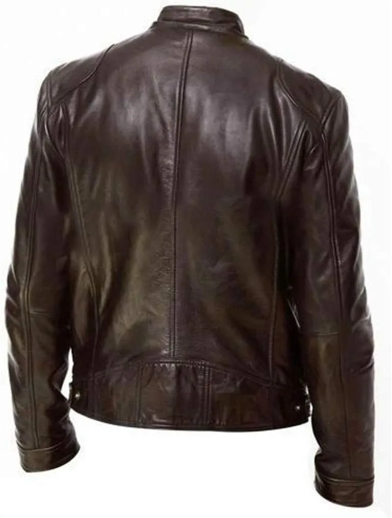 DuDubaby Men Vintage Cool Jacket Leather Long Sleeve Autumn Winter Stand Collar Club Coat