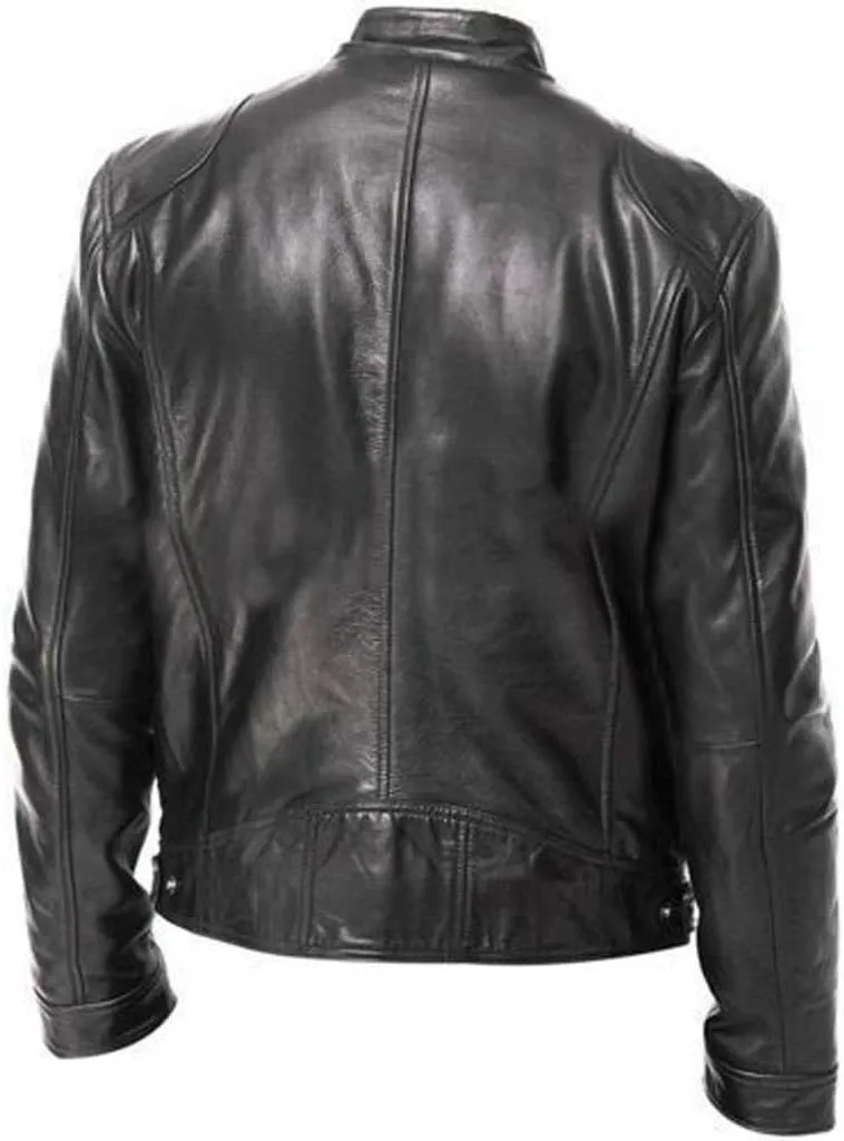 DuDubaby Men Vintage Cool Jacket Leather Long Sleeve Autumn Winter Stand Collar Club Coat