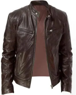 DuDubaby Men Vintage Cool Jacket Leather Long Sleeve Autumn Winter Stand Collar Club Coat