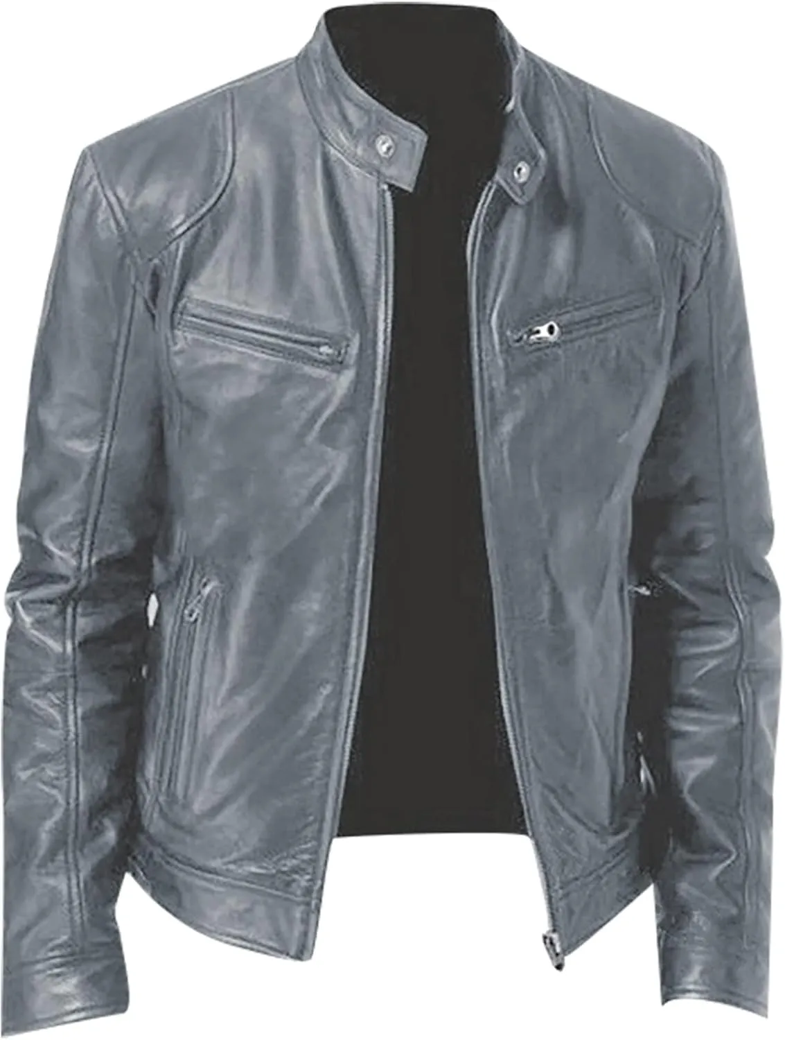 DuDubaby Men Vintage Cool Jacket Leather Long Sleeve Autumn Winter Stand Collar Club Coat