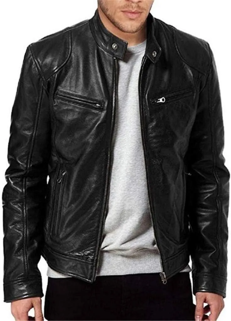DuDubaby Men Vintage Cool Jacket Leather Long Sleeve Autumn Winter Stand Collar Club Coat