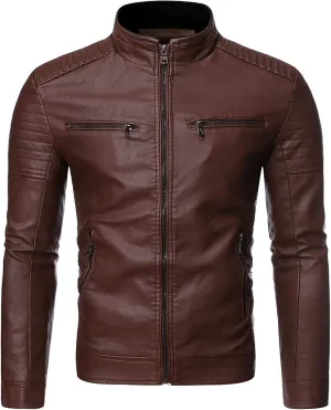DuDubaby Winter Men's Casual Stand Collar Leather Jacket Coat Mens Lightweight Jacket
