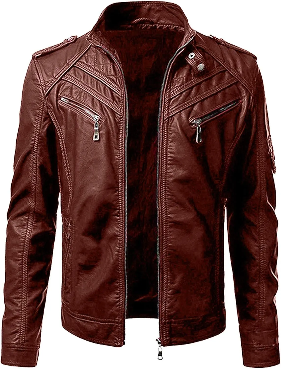 DuDubaby Winter Men's Casual Stand Collar Leather Jacket Coat Mens Lightweight Jacket