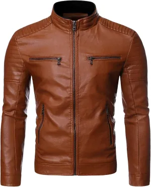 DuDubaby Winter Men's Casual Stand Collar Leather Jacket Coat Mens Lightweight Jacket